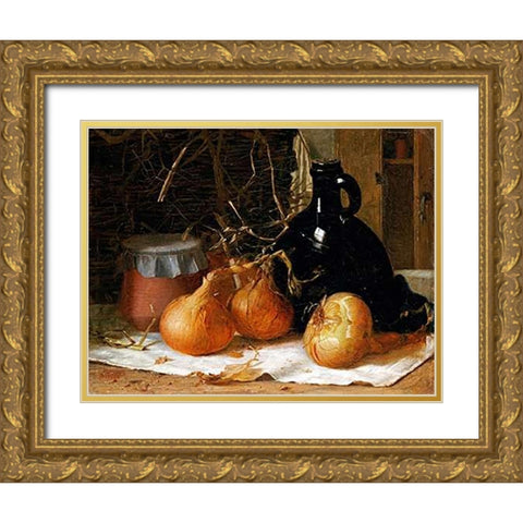 Onions, a Jug and a Ceramic Pot On a Tablecloth Gold Ornate Wood Framed Art Print with Double Matting by Brooker, Harry