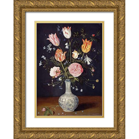 Tulips, Roses, Forget-Me-Nots and Other Flowers Gold Ornate Wood Framed Art Print with Double Matting by Brueghel, Jan