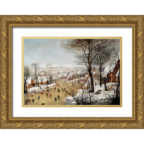 A Winter Landscape With Skaters and a Bird Trap Gold Ornate Wood Framed Art Print with Double Matting by Bruegel, Pieter the Elder