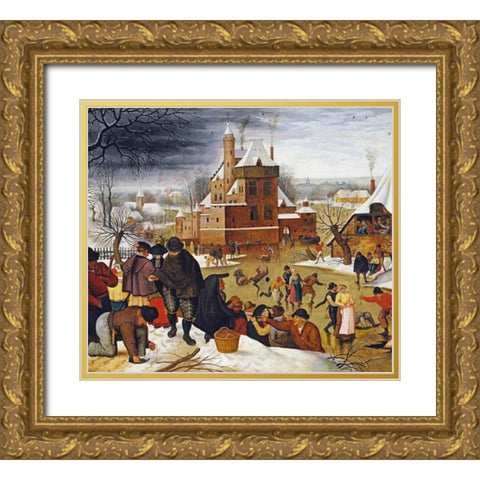 Townsfolk Skating On a Castle Moat Gold Ornate Wood Framed Art Print with Double Matting by Bruegel, Pieter the Elder