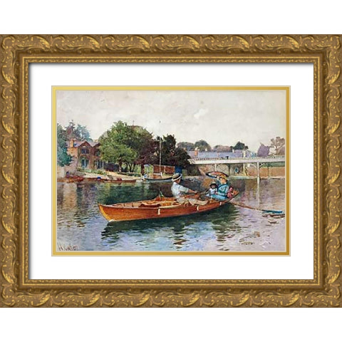 A Boating Party On The Thames at Cookham Gold Ornate Wood Framed Art Print with Double Matting by Caffieri, Hector