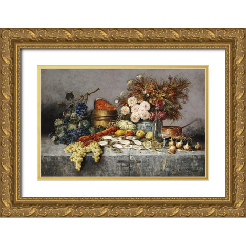 A Bountiful Table Gold Ornate Wood Framed Art Print with Double Matting by Carlier, Modeste