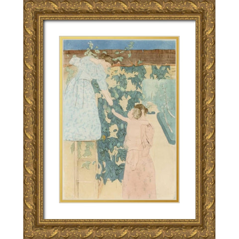 Gathering Fruit Gold Ornate Wood Framed Art Print with Double Matting by Cassatt, Mary