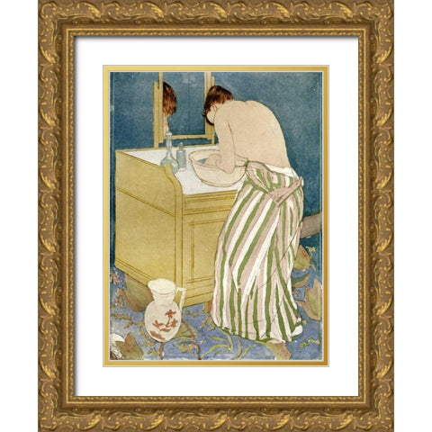 Woman Bathing Gold Ornate Wood Framed Art Print with Double Matting by Cassatt, Mary