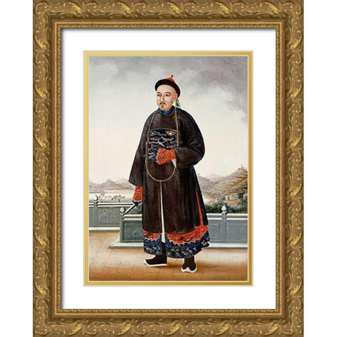 An Elegantly Dressed Chinese Hong Merchant Gold Ornate Wood Framed Art Print with Double Matting by Chinese School