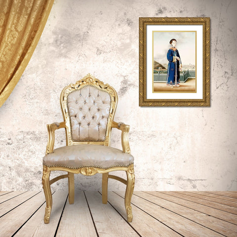 An Elegantly Dressed Chinese Hong Merchants Wife Gold Ornate Wood Framed Art Print with Double Matting by Chinese School