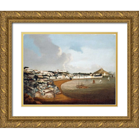 View of The Praya Grande, Macao Gold Ornate Wood Framed Art Print with Double Matting by Chinese School