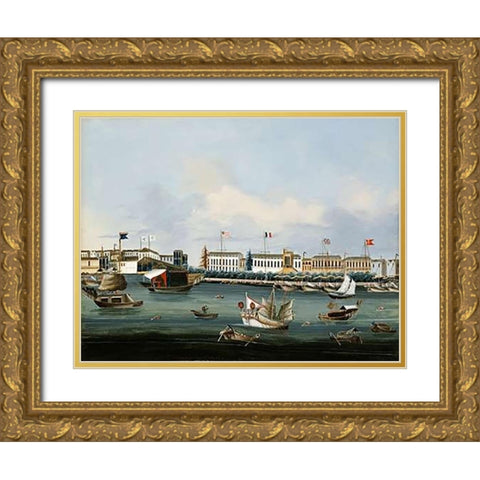 View of The Waterfront at Canton Gold Ornate Wood Framed Art Print with Double Matting by Chinese School