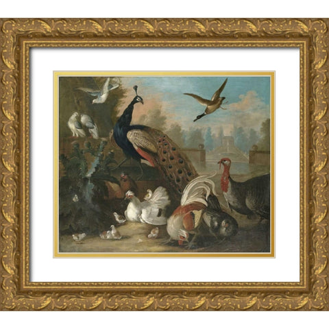 A Peacock and Other Birds Gold Ornate Wood Framed Art Print with Double Matting by Craddock, Marmaduke