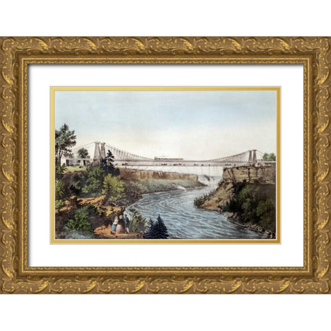 The Rail Road Suspension Bridge Gold Ornate Wood Framed Art Print with Double Matting by Currier and Ives