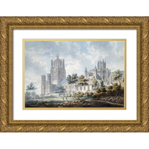 Ely Cathedral From The South-East Gold Ornate Wood Framed Art Print with Double Matting by Dayes, Edward