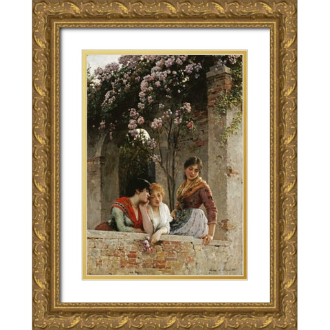 On The Terrace Gold Ornate Wood Framed Art Print with Double Matting by De Blaas, Eugene