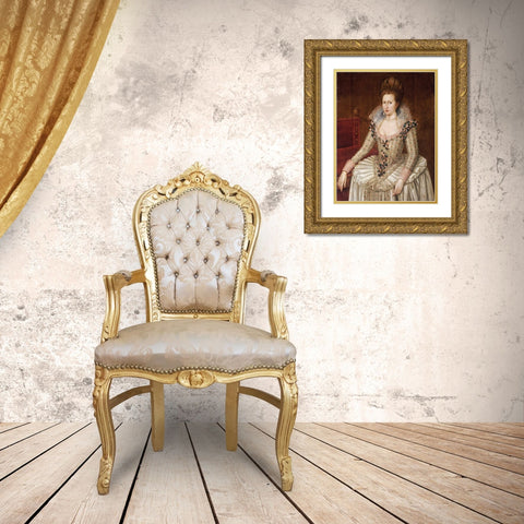 Portrait of Queen Anne of Denmark Gold Ornate Wood Framed Art Print with Double Matting by De Critz, John