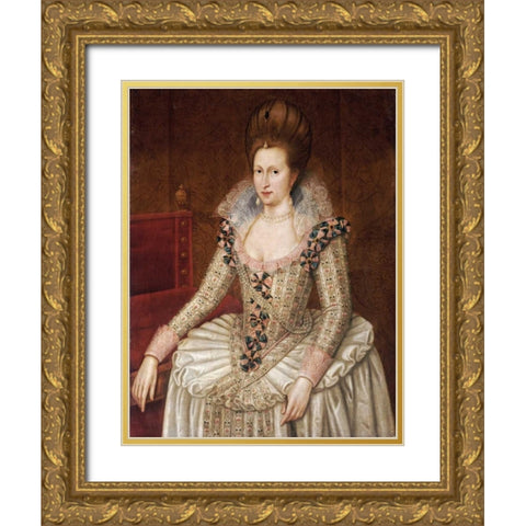 Portrait of Queen Anne of Denmark Gold Ornate Wood Framed Art Print with Double Matting by De Critz, John
