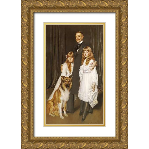 Portrait of a Family With Their Collie Gold Ornate Wood Framed Art Print with Double Matting by De La Gandara, Antonio