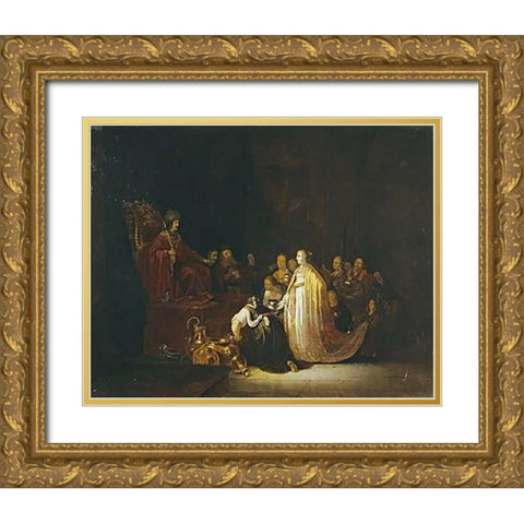 The Queen of Sheba Before King Solomon Gold Ornate Wood Framed Art Print with Double Matting by De Wet, Jacob Willemsz