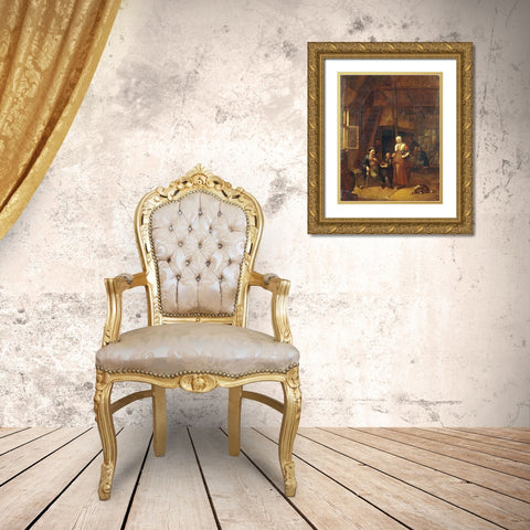 The Interior of An Inn With a Man Paying a Serving Woman Gold Ornate Wood Framed Art Print with Double Matting by De Winter, Gillis