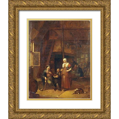 The Interior of An Inn With a Man Paying a Serving Woman Gold Ornate Wood Framed Art Print with Double Matting by De Winter, Gillis