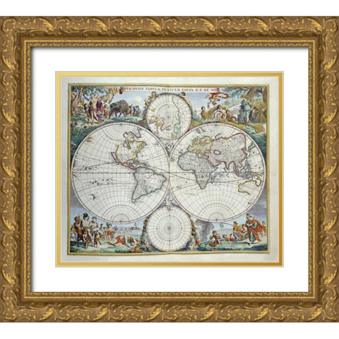Map of The World Gold Ornate Wood Framed Art Print with Double Matting by De Wit, Frederick