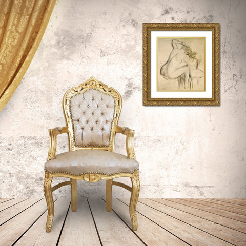 A Seated Woman Styling Her Hair Gold Ornate Wood Framed Art Print with Double Matting by Degas, Edgar