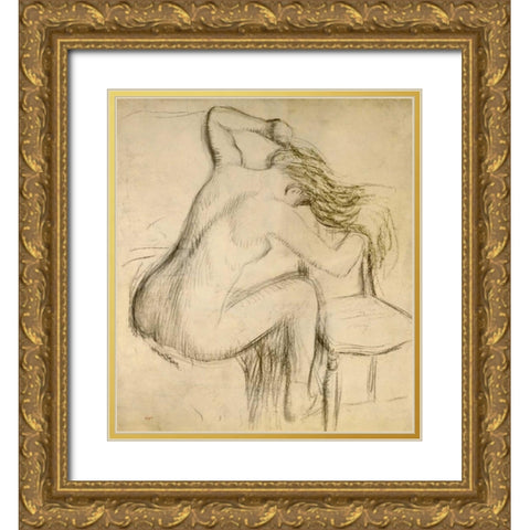 A Seated Woman Styling Her Hair Gold Ornate Wood Framed Art Print with Double Matting by Degas, Edgar