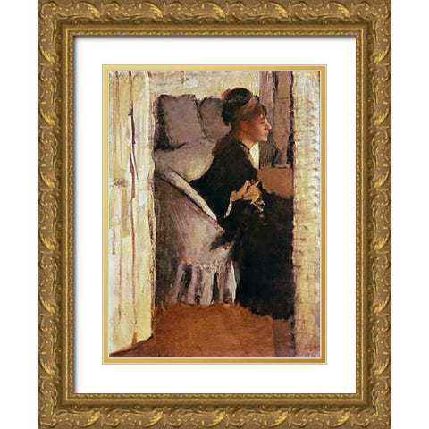 Woman Putting On Her Gloves Gold Ornate Wood Framed Art Print with Double Matting by Degas, Edgar