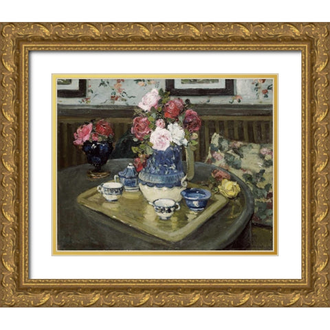 Roses On a Table Gold Ornate Wood Framed Art Print with Double Matting by Demout, Adrian