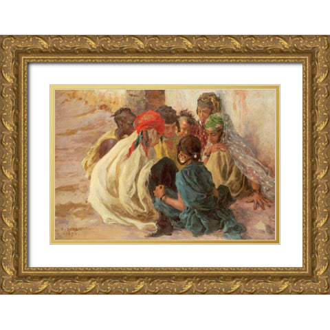 Arab Children Playing Gold Ornate Wood Framed Art Print with Double Matting by Dinet, Alphonse Etienne