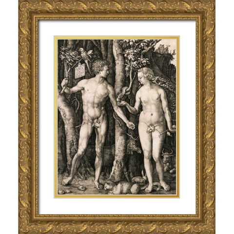 Adam and Eve Gold Ornate Wood Framed Art Print with Double Matting by Durer, Albrecht