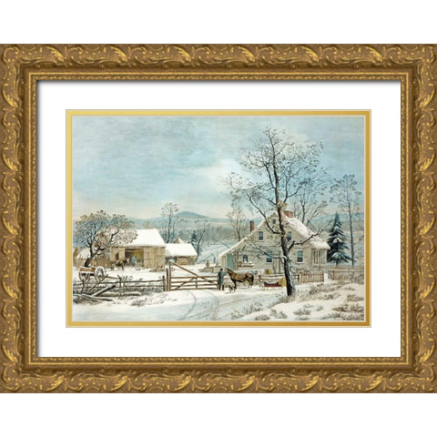 New England Winter Scene Gold Ornate Wood Framed Art Print with Double Matting by Durie, GH