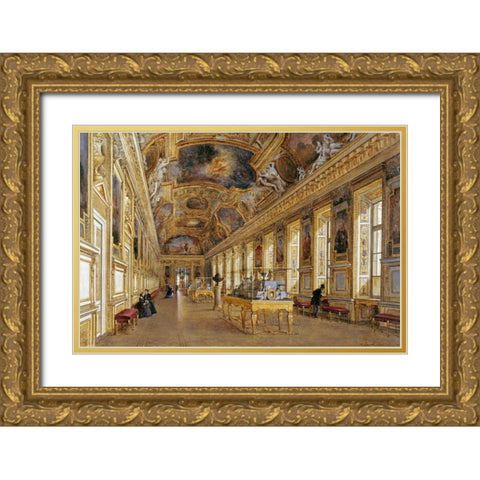 The Interior of The Louvre Gold Ornate Wood Framed Art Print with Double Matting by Duval, Victor