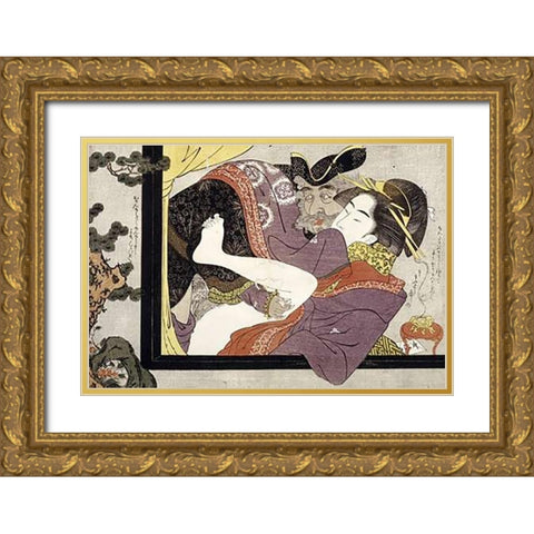 Erotic Scene Gold Ornate Wood Framed Art Print with Double Matting by School, Eishi
