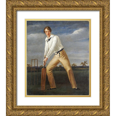 A Cricketer at The Crease Gold Ornate Wood Framed Art Print with Double Matting by English School
