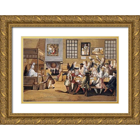 Scene In a London Coffee House Gold Ornate Wood Framed Art Print with Double Matting by English School