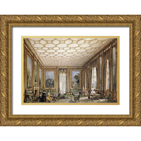 View of a Jacobean-Style Grand Drawing Room Gold Ornate Wood Framed Art Print with Double Matting by English School