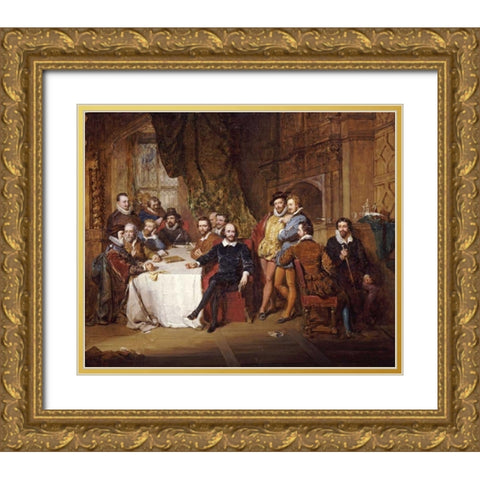 Shakespeare and His Friends at The Mermaid Tavern Gold Ornate Wood Framed Art Print with Double Matting by Faed, John
