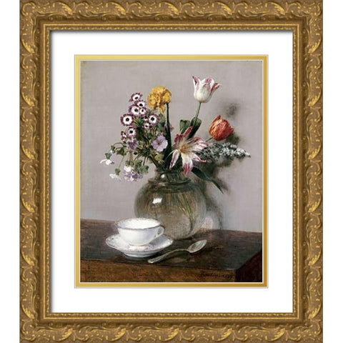 A Vase of Flowers With a Coffee Cup Gold Ornate Wood Framed Art Print with Double Matting by Latour, Henri Fantin