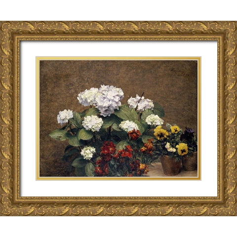 Hydrangeas, Wallflowers and Two Pots of Pansies Gold Ornate Wood Framed Art Print with Double Matting by Fantin-Latour, Henri