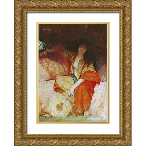 A Harem Beauty Holding a Fan Gold Ornate Wood Framed Art Print with Double Matting by Ferrier, Gabriel Joseph