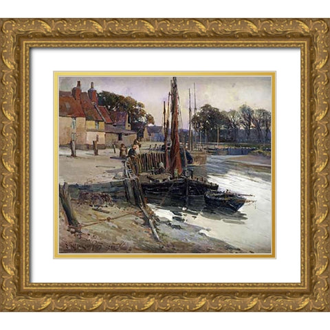 A Cornish Fishing Village Gold Ornate Wood Framed Art Print with Double Matting by Frampton, Edward Reginald