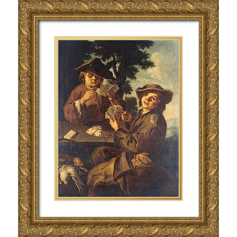 Two Peasant Boys Playing Cards Gold Ornate Wood Framed Art Print with Double Matting by Francesco, Cipper Giacomo