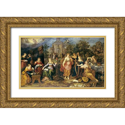 The Parable of The Wise and Foolish Virgins Gold Ornate Wood Framed Art Print with Double Matting by Francken, Frans