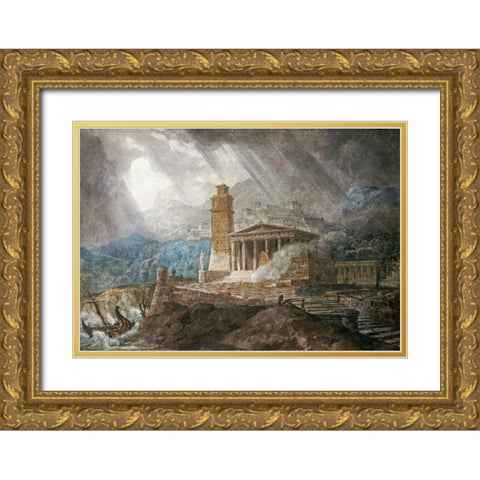 A Capriccio of a Roman Port During a Storm Gold Ornate Wood Framed Art Print with Double Matting by Gandy, Joseph Michael