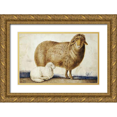 A Ewe and Her Lamb Gold Ornate Wood Framed Art Print with Double Matting by Ghaffari, Abul Hasan