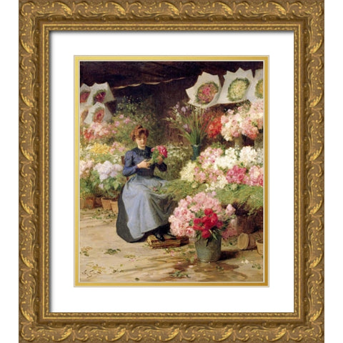 Flower Seller Behind The Madelaine Church Gold Ornate Wood Framed Art Print with Double Matting by Gilbert, Victor