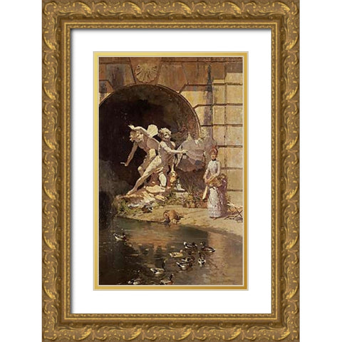 Feeding The Ducks Gold Ornate Wood Framed Art Print with Double Matting by Giroux, Ernest
