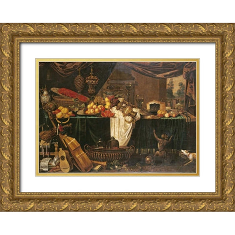 A Banquet Still-Life Gold Ornate Wood Framed Art Print with Double Matting by Goiber, Jan Frederick