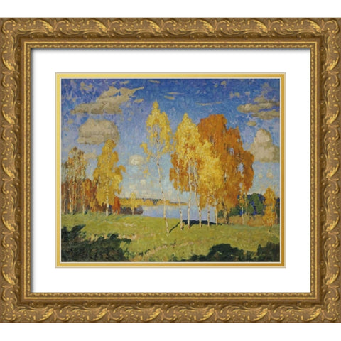 Landscape With Birch Trees Gold Ornate Wood Framed Art Print with Double Matting by Gorbatov, Konstantin Ivanovich