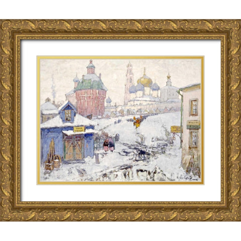 Townscape In Winter Gold Ornate Wood Framed Art Print with Double Matting by Gorbatov, Konstantin Ivanovich