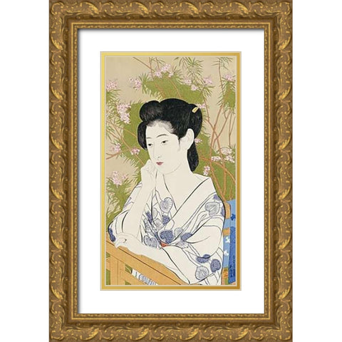 A Bust Portrait of a Young Woman Gold Ornate Wood Framed Art Print with Double Matting by Goyo, Hashiguchi